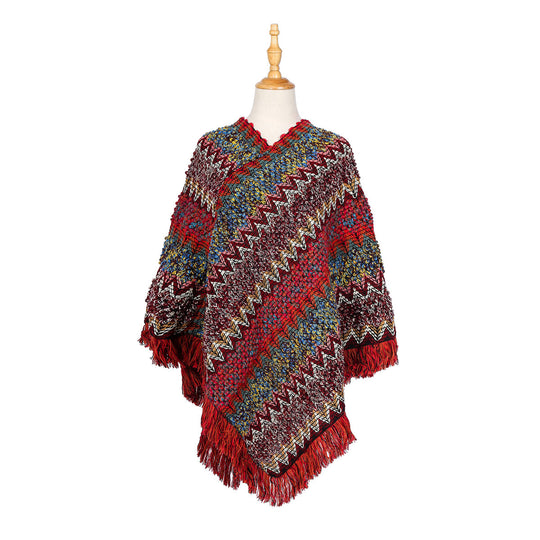 Damen Mehrfarbiger Grobstrick-Poncho mit Zickzack-Jacquard und Fransen Shop Nory
