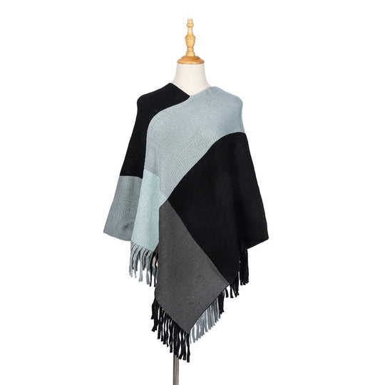 Damen Oversize-Ruana-Poncho mit farbigen Blockelementen und Fransensaum Shop Nory