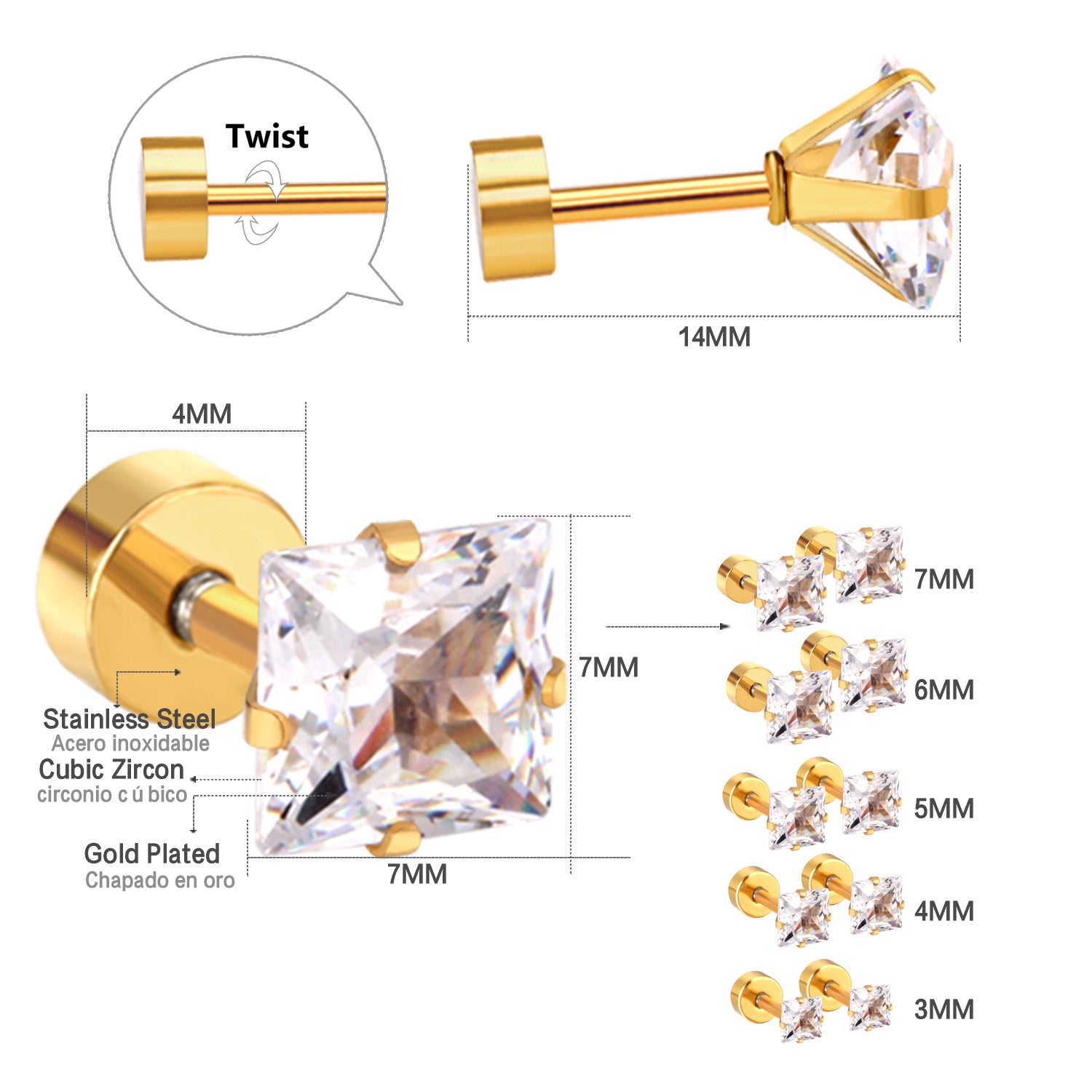 Damen Edelstahl Ohrstecker mit quadratischen Zirkonia Shop Nory