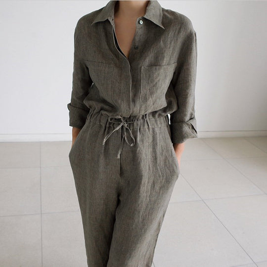 Damen Leinen‑Overall mit Hemdkragen, Kordel­taillenbund und Eingrifftaschen Shop Nory