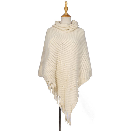 Damen Feinstrick-Poncho mit Rollkragen, Perlenapplikation und Fransensaum Shop Nory