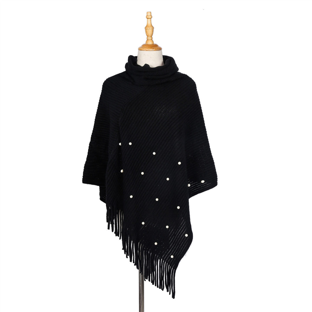 Damen Feinstrick-Poncho mit Rollkragen, Perlenapplikation und Fransensaum Shop Nory