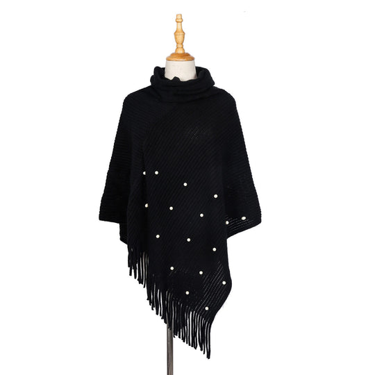Damen Feinstrick-Poncho mit Rollkragen, Perlenapplikation und Fransensaum Shop Nory