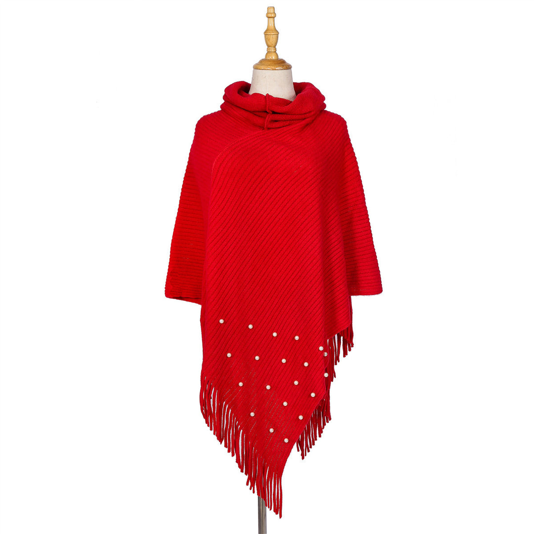Damen Feinstrick-Poncho mit Rollkragen, Perlenapplikation und Fransensaum Shop Nory