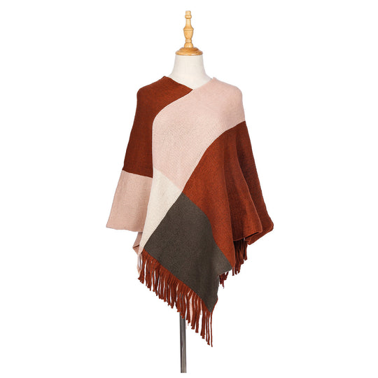 Damen Oversize-Ruana-Poncho mit farbigen Blockelementen und Fransensaum Shop Nory