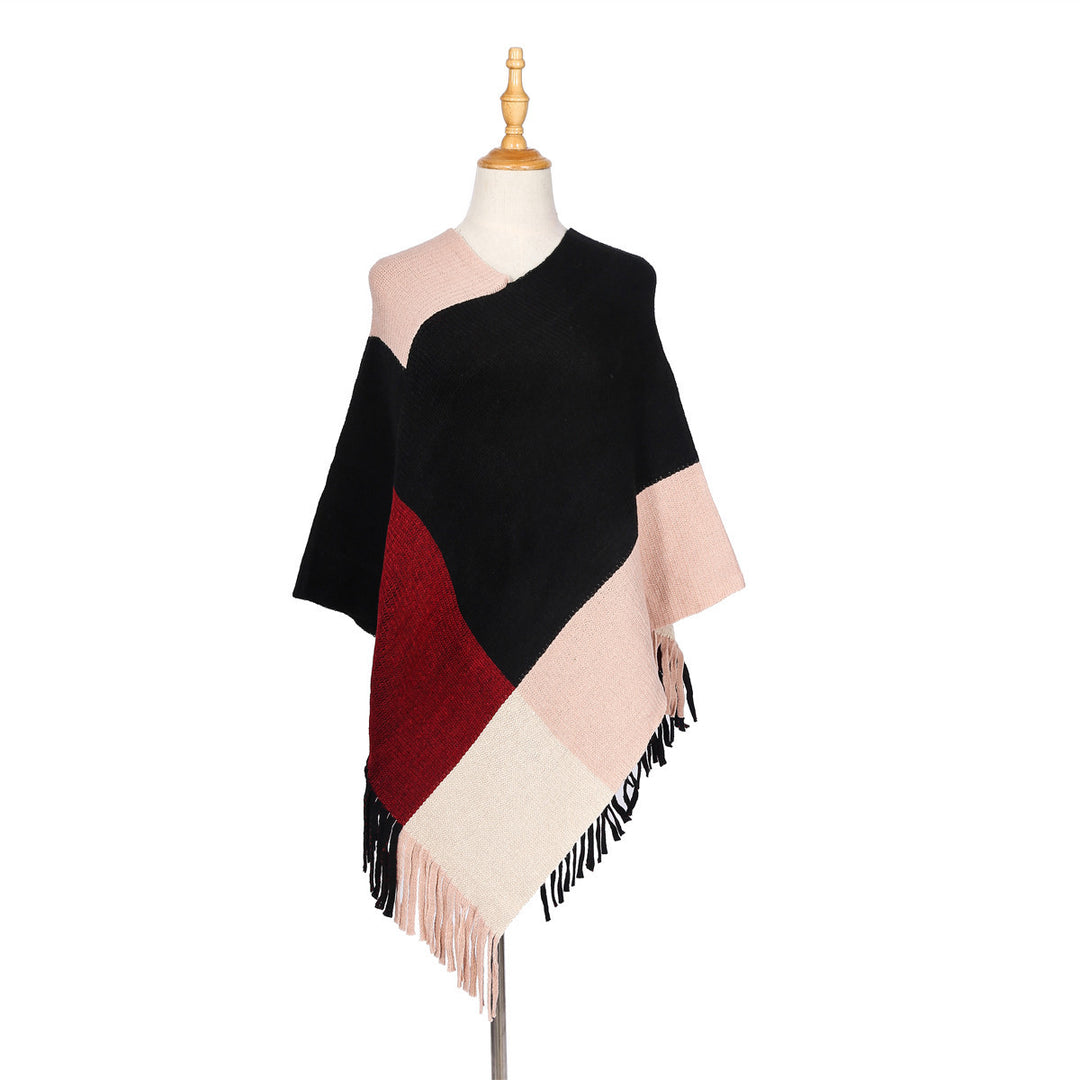 Damen Oversize-Ruana-Poncho mit farbigen Blockelementen und Fransensaum Shop Nory
