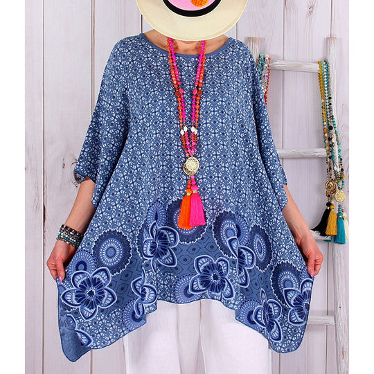 Damen fließende Viskose-Mix-Tunika im Boho-Stil mit floralem Besatz, asymmetrischem Saum und 3/4-Ärmeln Shop Nory