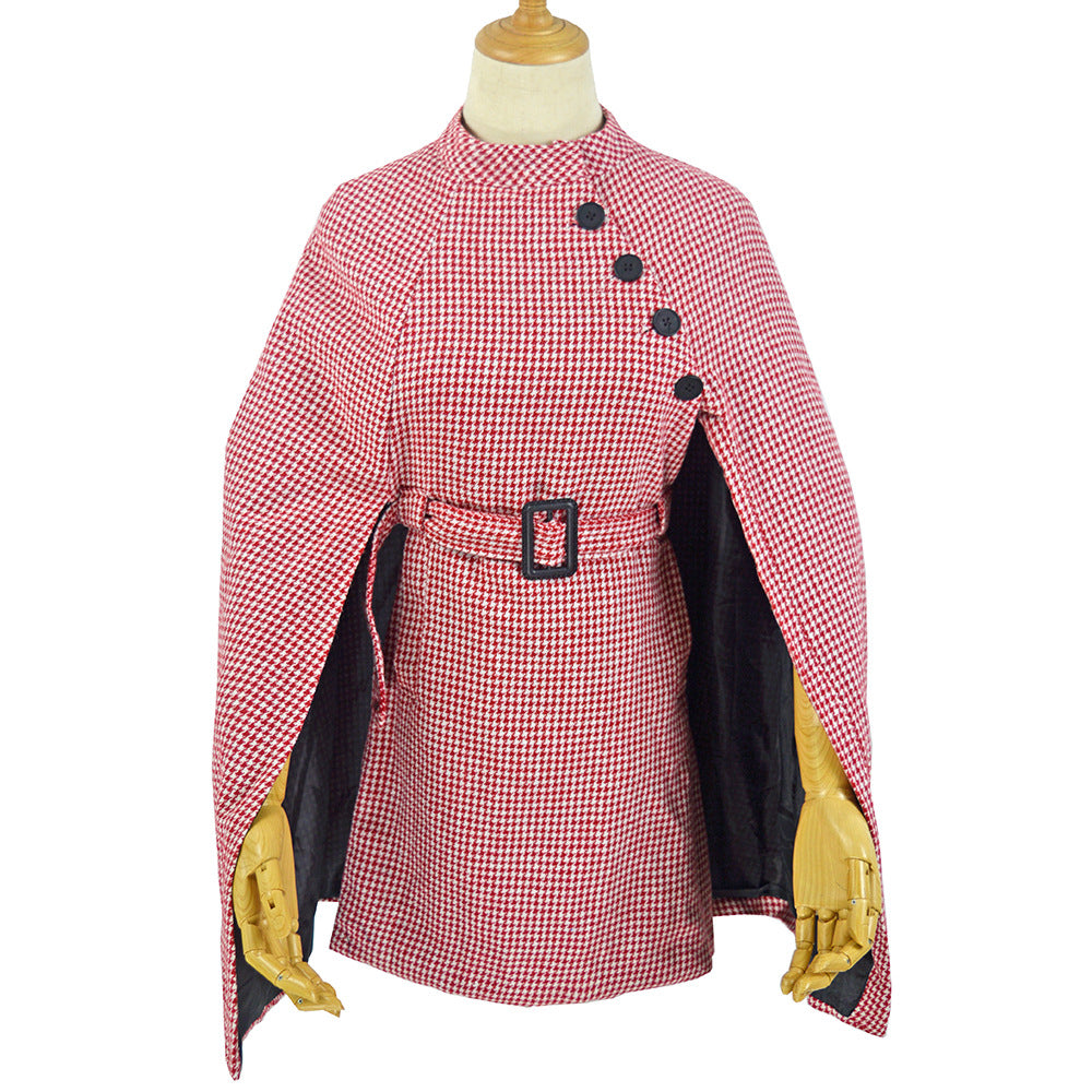 Damen Cape‑Mantel mit Hahnentrittmuster, Taillengürtel und asymmetrischer Knopfleiste Shop Nory