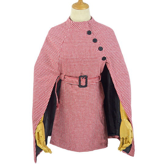 Damen Cape‑Mantel mit Hahnentrittmuster, Taillengürtel und asymmetrischer Knopfleiste Shop Nory