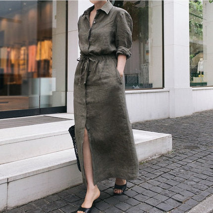 Damen Hemdkleid-Midi aus Leinenmix mit Taillenband und kastigem Schnitt Shop Nory