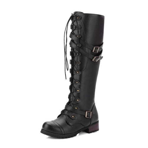 Flache Retro-Stiefel mit Schnalle und Schnürsenkeln