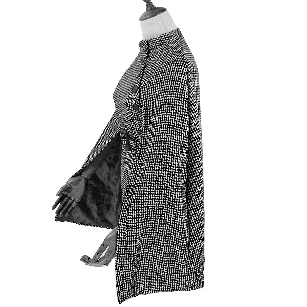 Damen Cape‑Mantel mit Hahnentrittmuster, Taillengürtel und asymmetrischer Knopfleiste Shop Nory