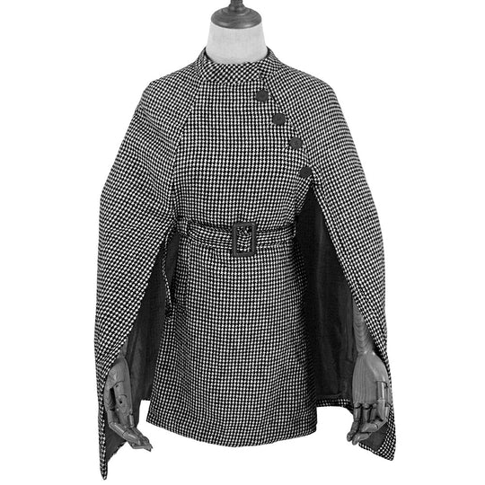 Damen Cape‑Mantel mit Hahnentrittmuster, Taillengürtel und asymmetrischer Knopfleiste Shop Nory
