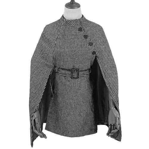 Damen Cape‑Mantel mit Hahnentrittmuster, Taillengürtel und asymmetrischer Knopfleiste Shop Nory
