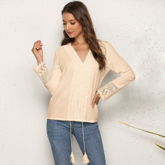 Damen Boho-Spitzenbluse mit V‑Ausschnitt, Häkelbesatz & Quasten‑Tunnelzug Shop Nory