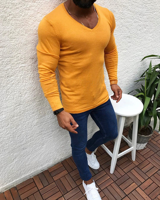 Herren figurbetontes Longsleeve aus Baumwolle mit V-Ausschnitt