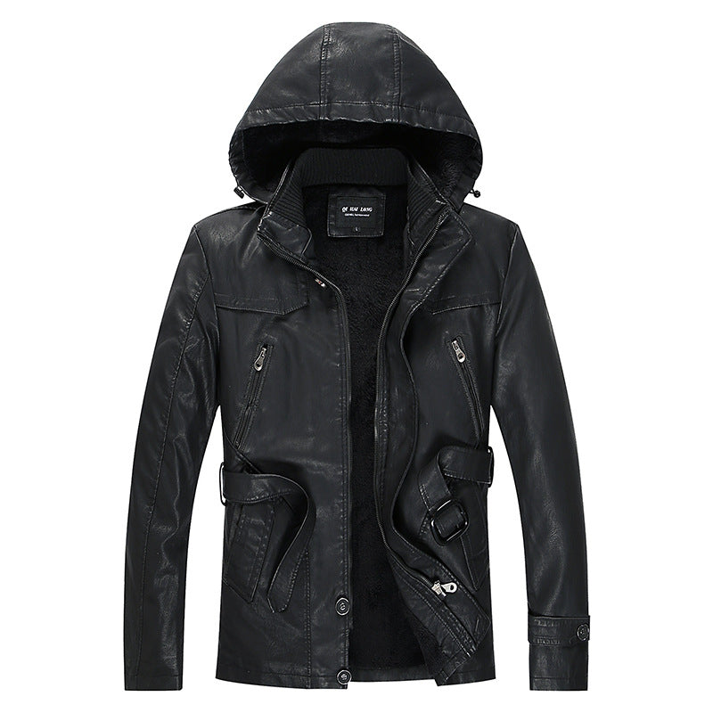 Herren Lederjacke mit Kapuze und Teddyfutter, multifunktionale Utility-Bikerjacke Shop Nory