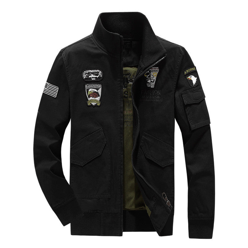 Herren Militärinspirierte Fieldjacke mit Wappenpatches und Stehkragen Shop Nory
