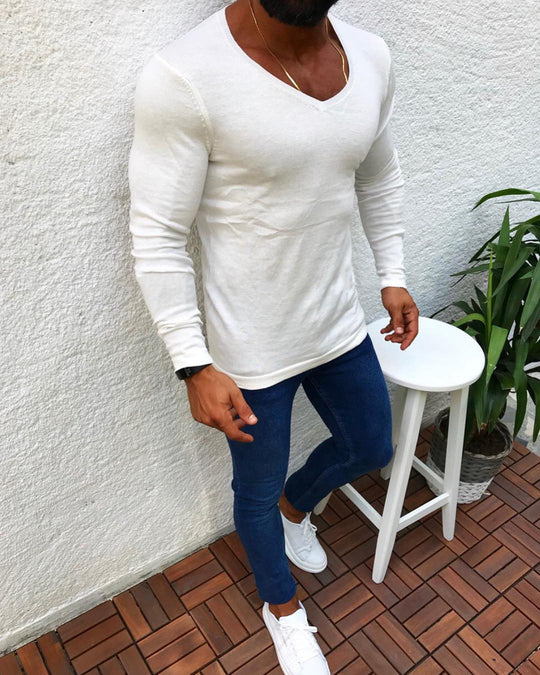 Herren figurbetontes Longsleeve aus Baumwolle mit V-Ausschnitt