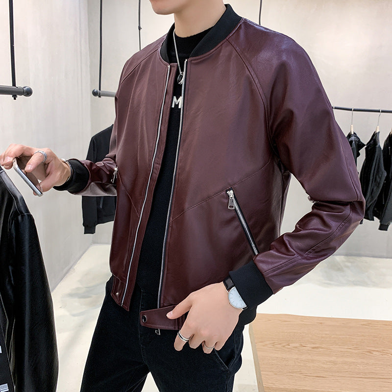 Herren Slim-Fit Kunstleder-Bomberjacke mit asymmetrischer Nahtführung, diagonalem Reißverschlusstaschen-Detail und Rippabschluss Shop Nory