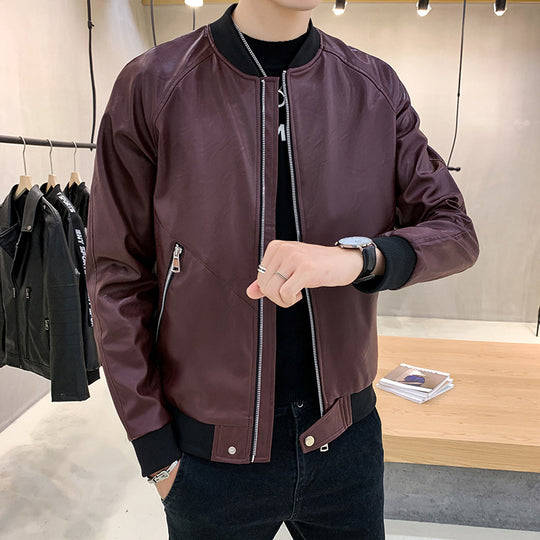 Herren Slim-Fit Kunstleder-Bomberjacke mit asymmetrischer Nahtführung, diagonalem Reißverschlusstaschen-Detail und Rippabschluss Shop Nory