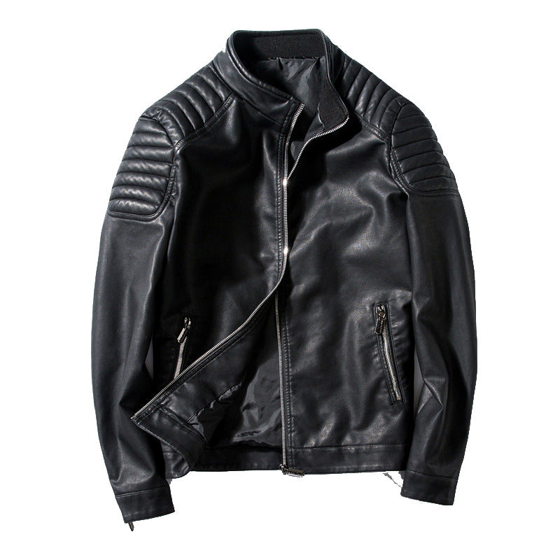 Herren Slim-Fit Kunstleder-Motorradblouson mit gesteppter Schulter und Stehkragen Shop Nory