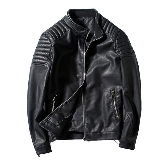 Herren Slim-Fit Kunstleder-Motorradblouson mit gesteppter Schulter und Stehkragen Shop Nory