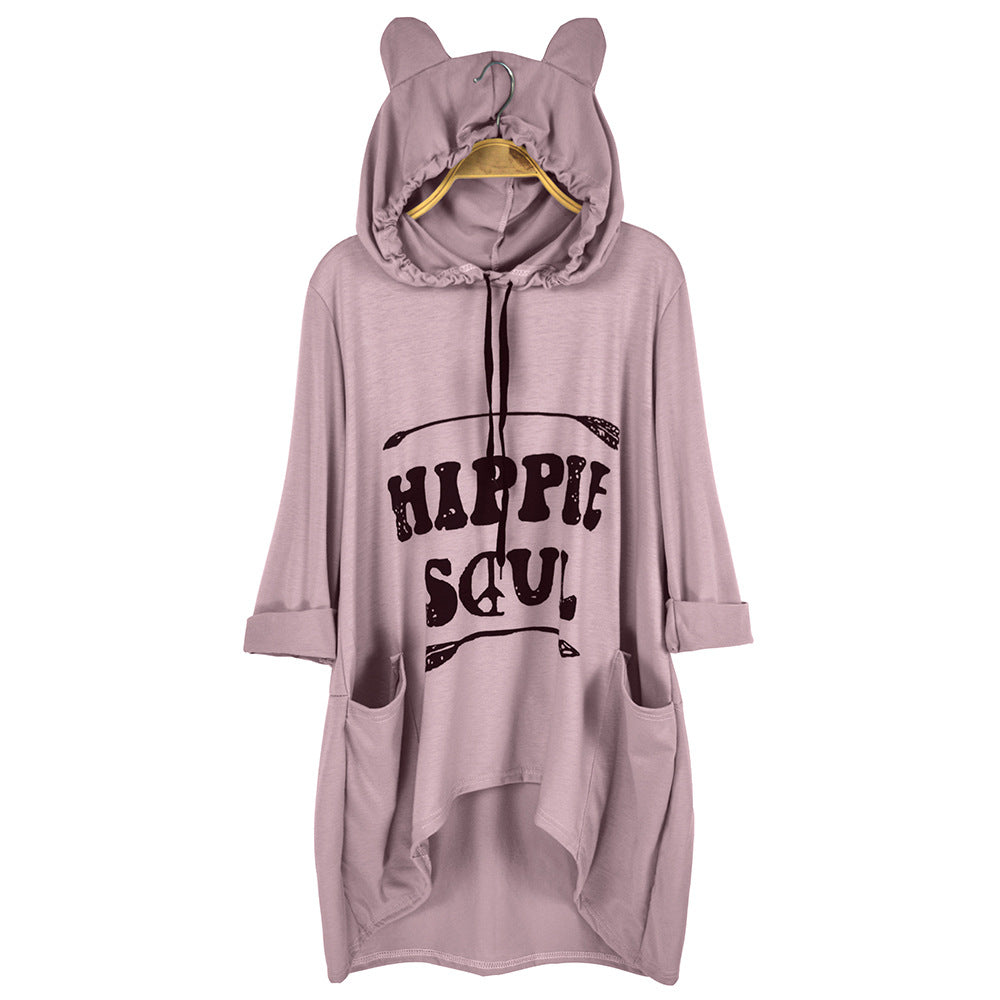 Damen Oversize-Hoodie-Kleid mit Kapuze und Ohren, Kängurutaschen & Statement-Print Shop Nory