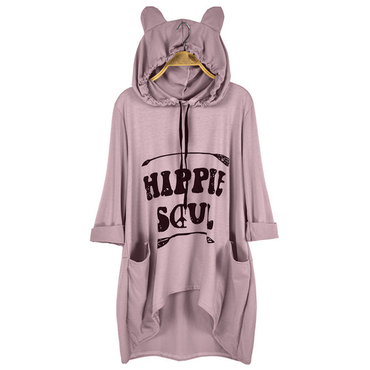 Damen Oversize-Hoodie-Kleid mit Kapuze und Ohren, Kängurutaschen & Statement-Print Shop Nory