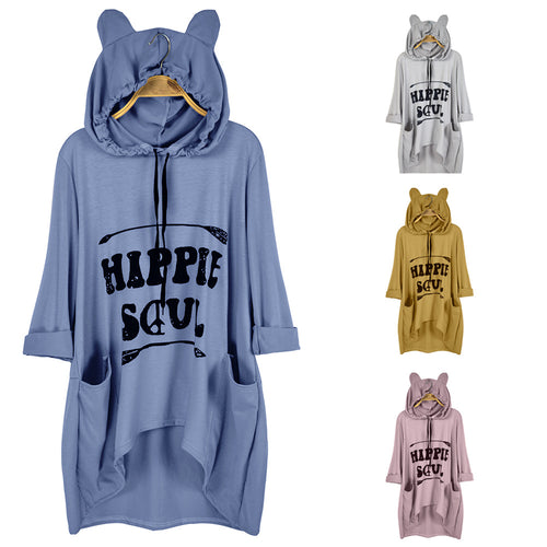 Damen Oversize-Hoodie-Kleid mit Kapuze und Ohren, Kängurutaschen & Statement-Print Shop Nory