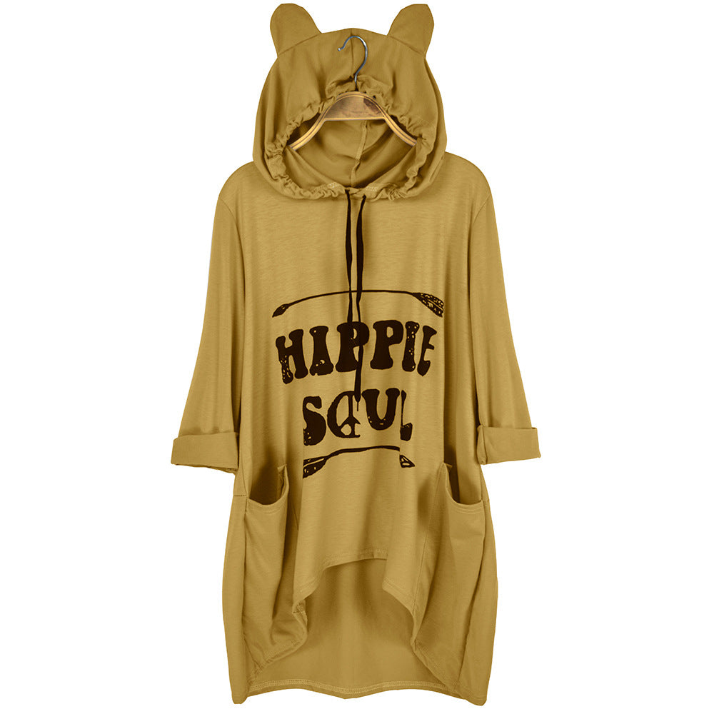 Damen Oversize-Hoodie-Kleid mit Kapuze und Ohren, Kängurutaschen & Statement-Print Shop Nory