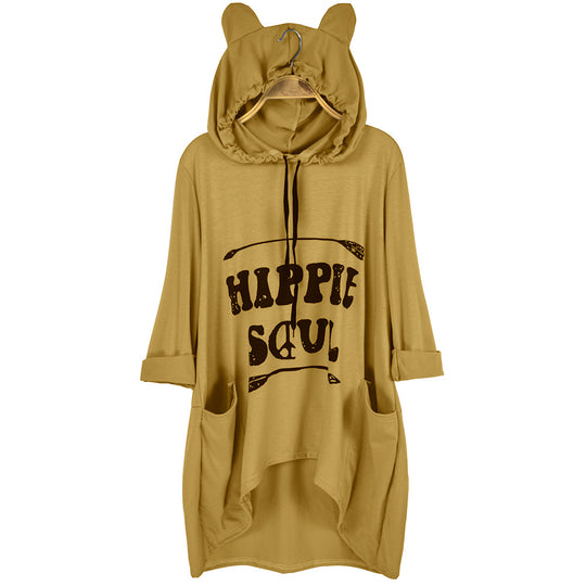 Damen Oversize-Hoodie-Kleid mit Kapuze und Ohren, Kängurutaschen & Statement-Print Shop Nory