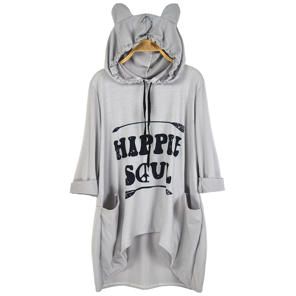 Damen Oversize-Hoodie-Kleid mit Kapuze und Ohren, Kängurutaschen & Statement-Print Shop Nory