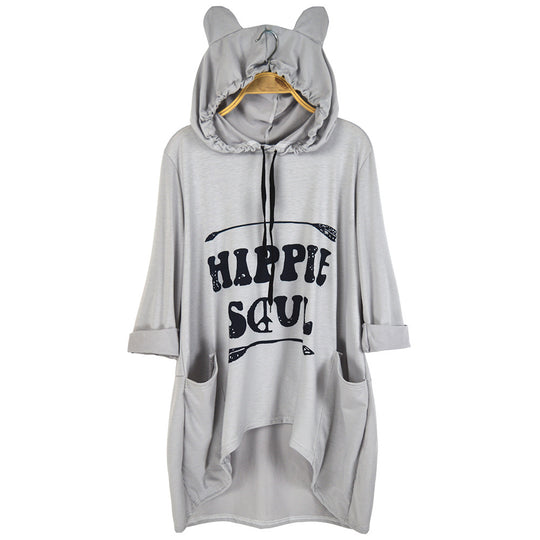 Damen Oversize-Hoodie-Kleid mit Kapuze und Ohren, Kängurutaschen & Statement-Print Shop Nory
