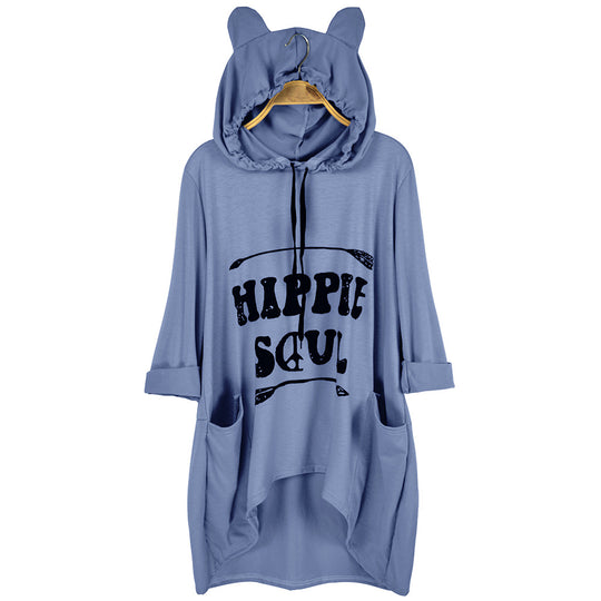 Damen Oversize-Hoodie-Kleid mit Kapuze und Ohren, Kängurutaschen & Statement-Print Shop Nory