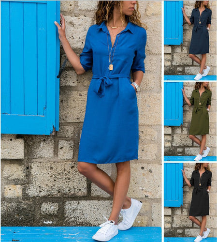 Damen Hemdkleid mit taillierbarem Bindegürtel und praktischen Taschen