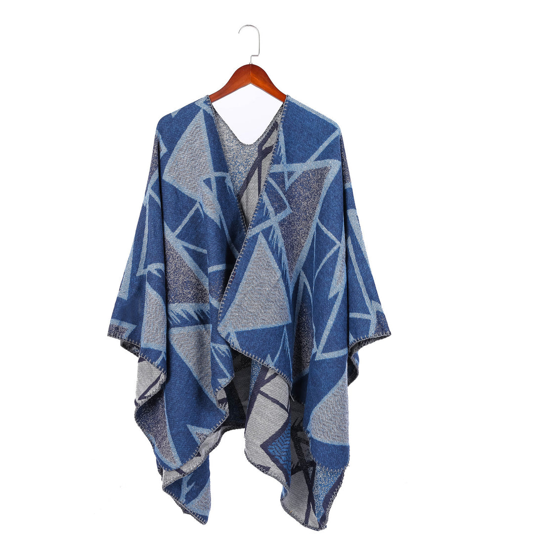Damen Geometrischer Jacquard-Ruana-Überwurf mit offenem Fall und Zierkante Shop Nory
