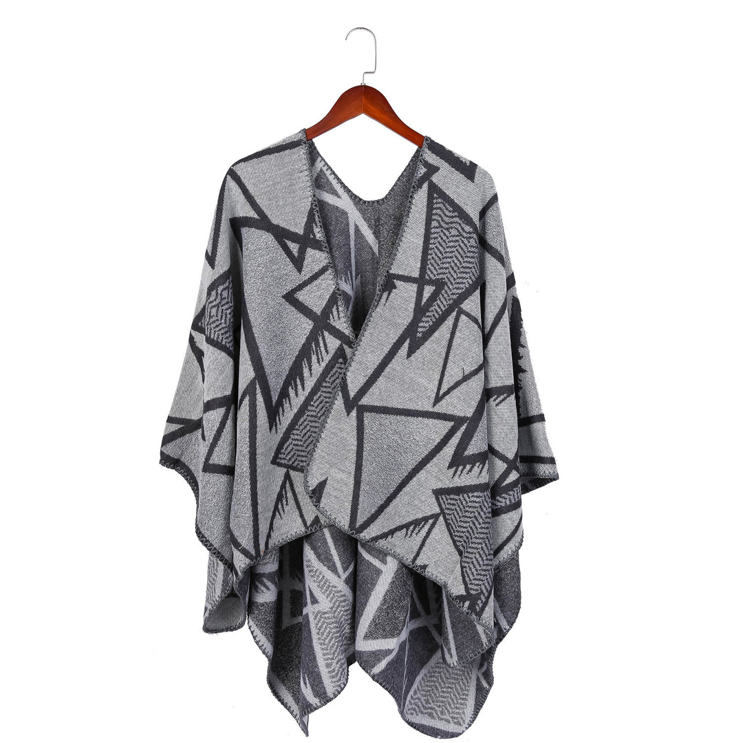 Damen Geometrischer Jacquard-Ruana-Überwurf mit offenem Fall und Zierkante Shop Nory