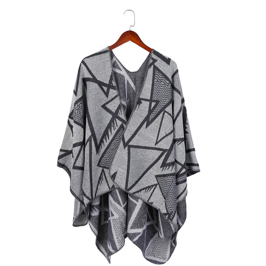 Damen Geometrischer Jacquard-Ruana-Überwurf mit offenem Fall und Zierkante Shop Nory
