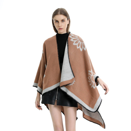 Damen Wollmix‑Ruana mit floraler Intarsienjacquard und offener Kimono‑Silhouette Shop Nory