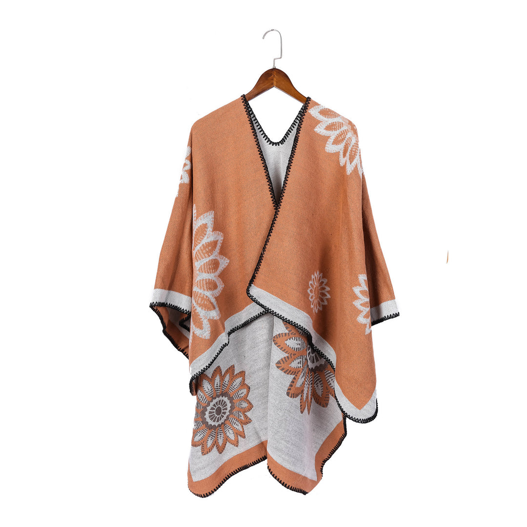 Damen Wollmix‑Ruana mit floraler Intarsienjacquard und offener Kimono‑Silhouette Shop Nory