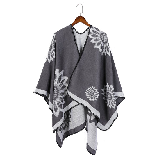 Damen Wollmix‑Ruana mit floraler Intarsienjacquard und offener Kimono‑Silhouette Shop Nory