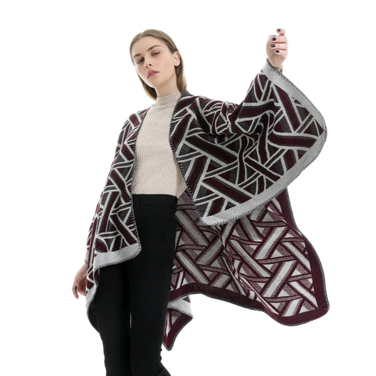 Damen Oversize-Ruana mit geometrischem Jacquard und Ziernaht Shop Nory