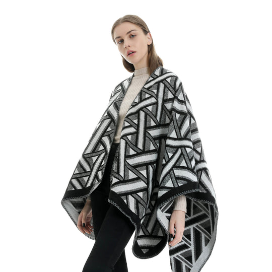 Damen Oversize-Ruana mit geometrischem Jacquard und Ziernaht Shop Nory