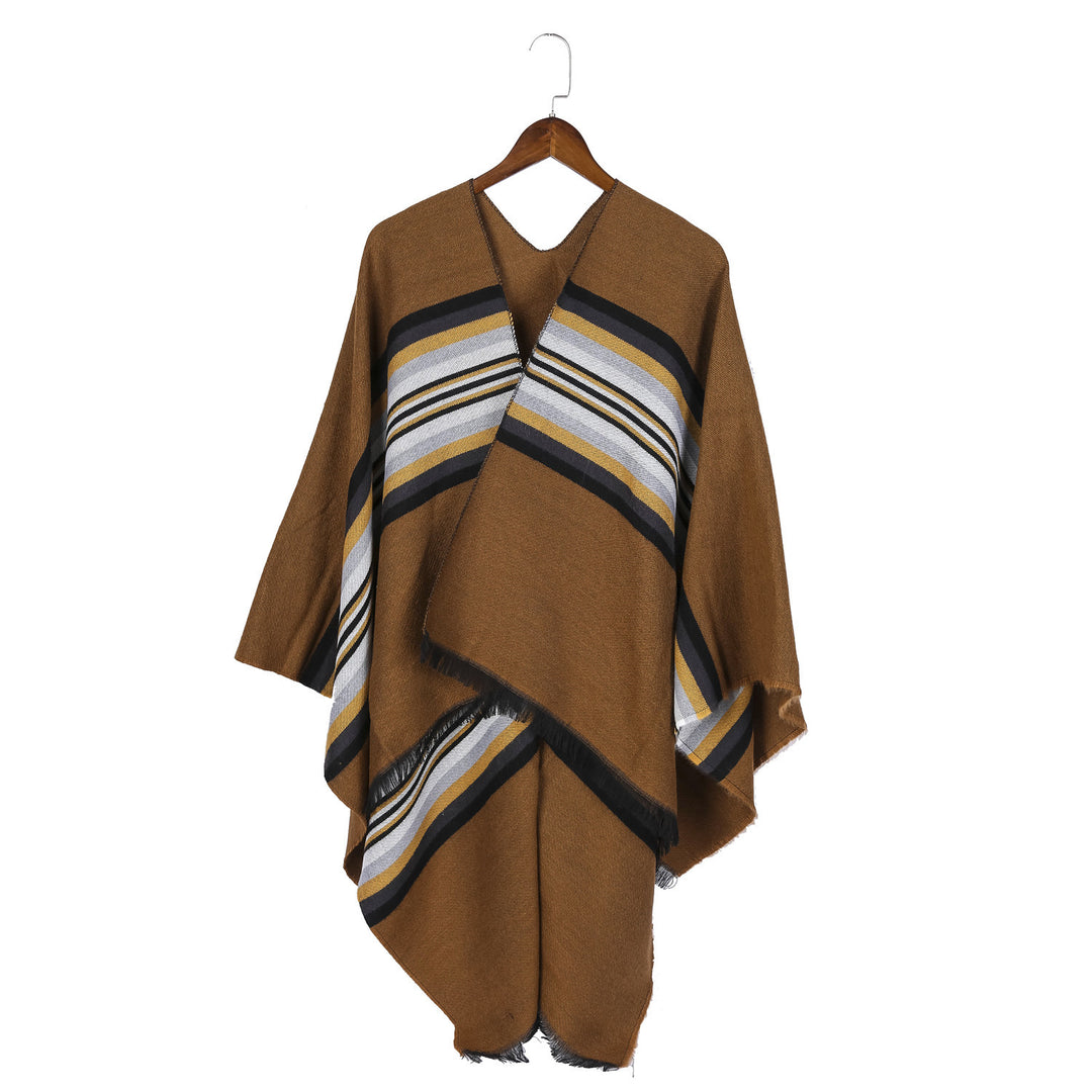 Damen Lässiger Ruana-Poncho aus Wollmix mit asymmetrischem Zipfel und feinem Streifenjacquard Shop Nory