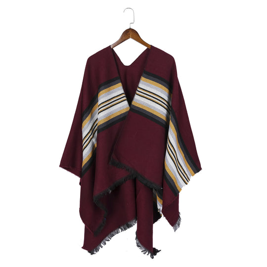 Damen Lässiger Ruana-Poncho aus Wollmix mit asymmetrischem Zipfel und feinem Streifenjacquard Shop Nory