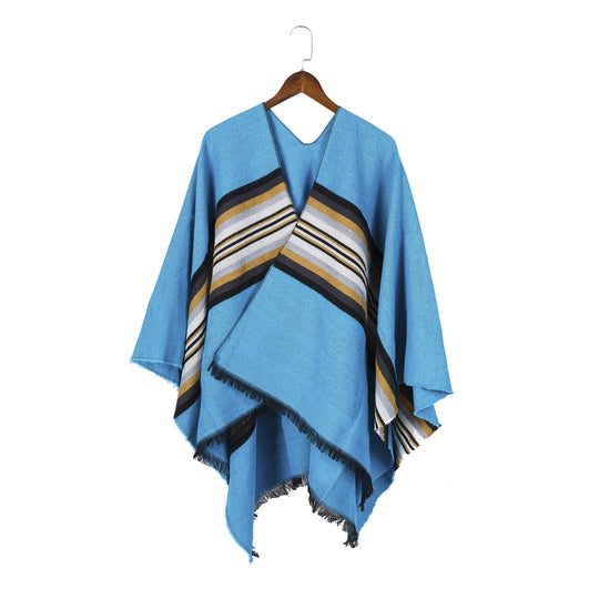 Damen Lässiger Ruana-Poncho aus Wollmix mit asymmetrischem Zipfel und feinem Streifenjacquard Shop Nory