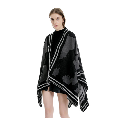 Damen Oversize-Feinstrick-Ruana mit abstraktem Jacquard und kontrastierter Kantenbordüre Shop Nory