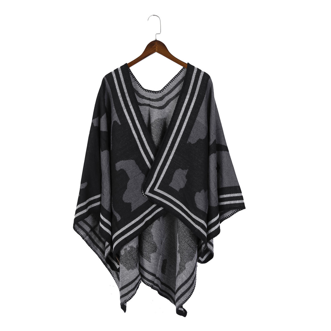 Damen Oversize-Feinstrick-Ruana mit abstraktem Jacquard und kontrastierter Kantenbordüre Shop Nory