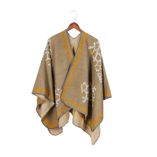Damen Wolloptik-Kimono-Ruana mit Leopardenjacquard und kontrastierter Bordüre Shop Nory